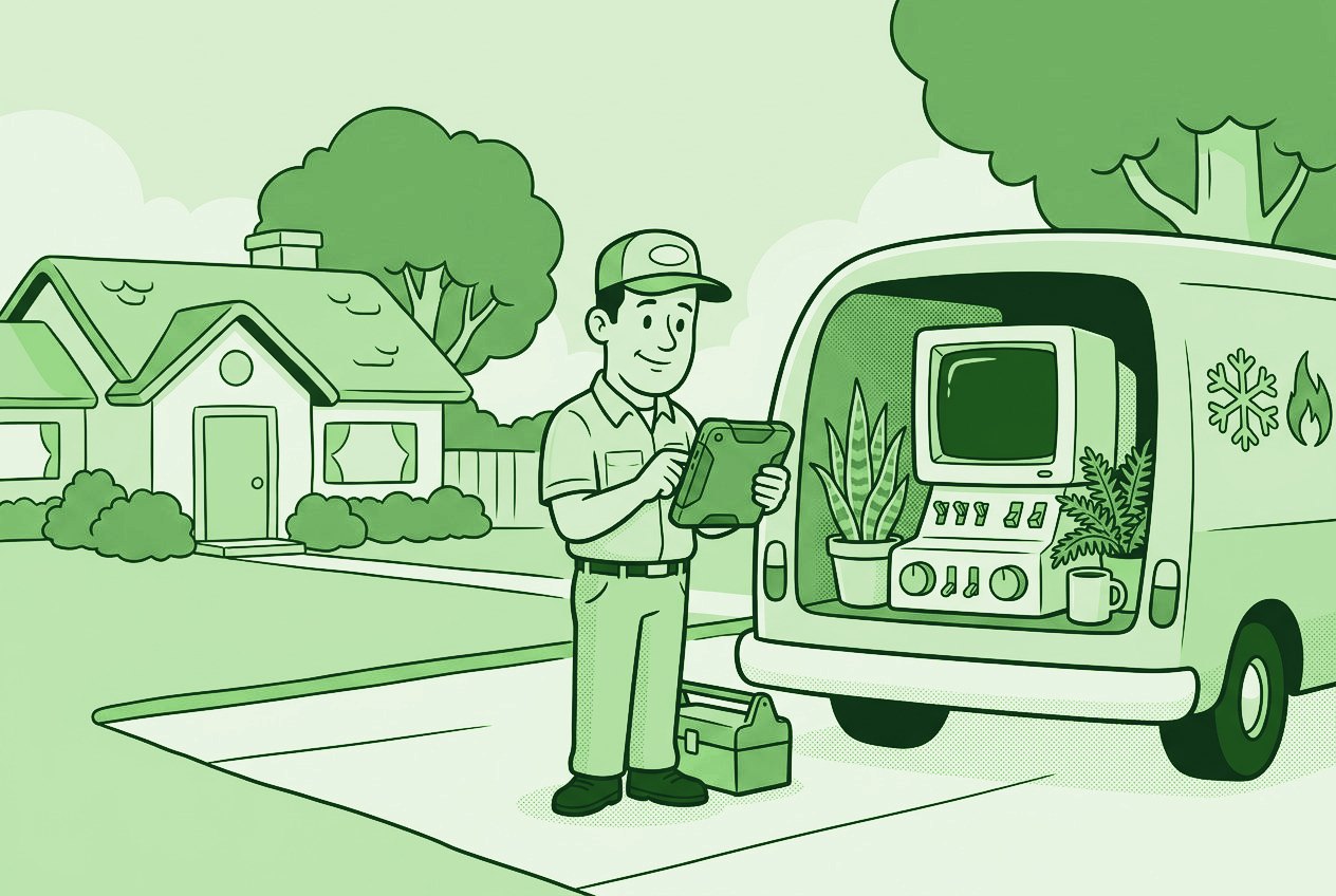 Illustration of an HVAC technician checking in a job on a tablet beside his van