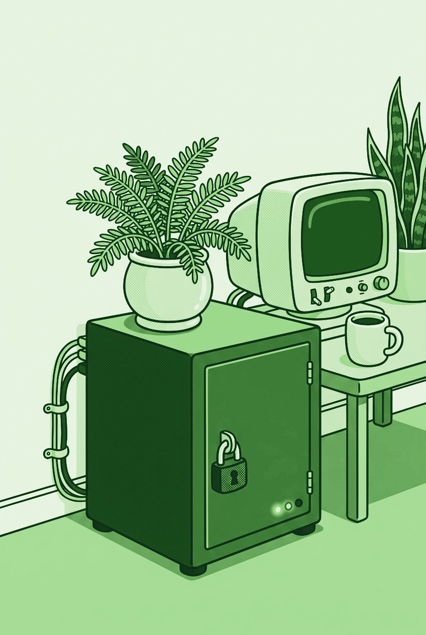 Illustration of a tidy, locked server cabinet with a fern on top