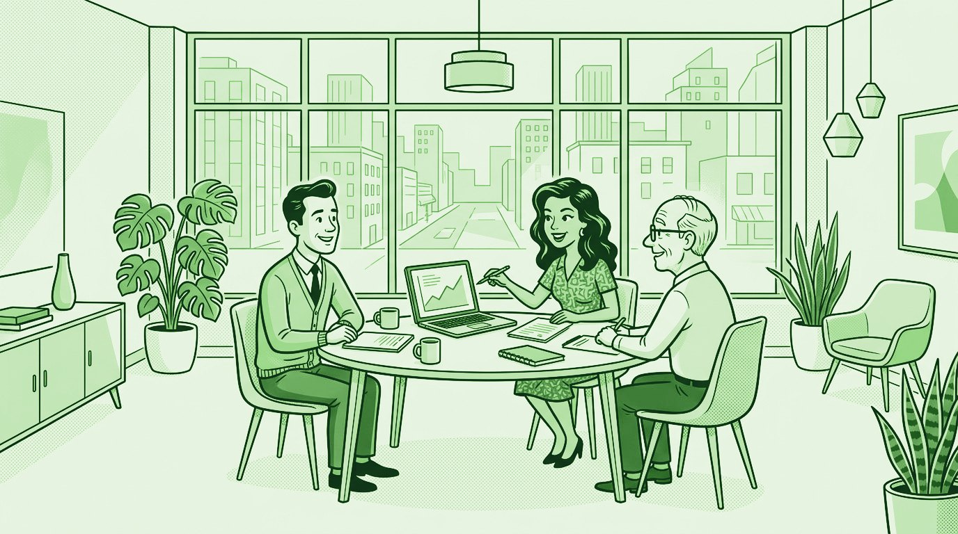 Illustration of a team meeting around a table, led by a Latina team member pointing at a laptop