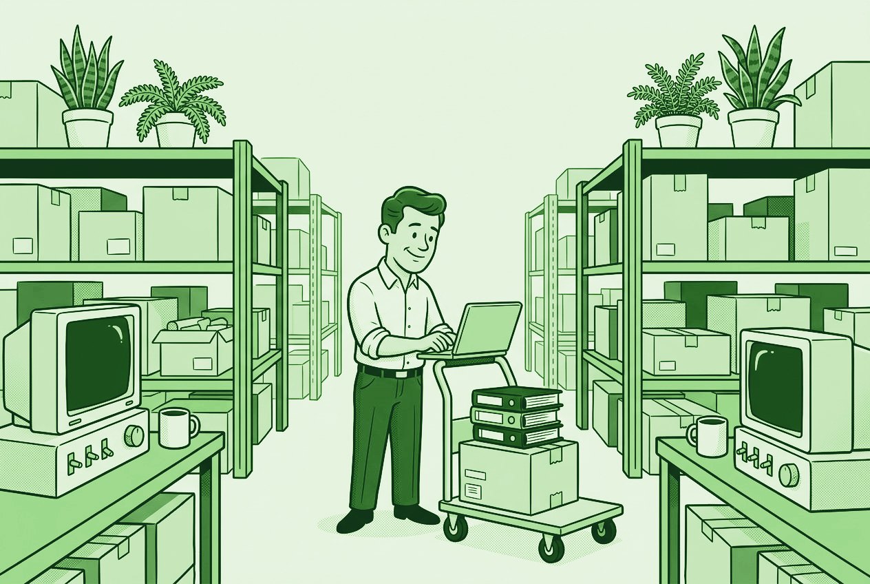 Illustration of a sales rep pulling a report in a warehouse
