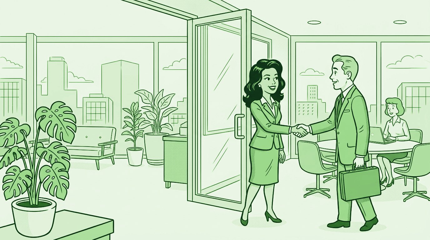 Illustration of a Latina business owner welcoming a client with a handshake