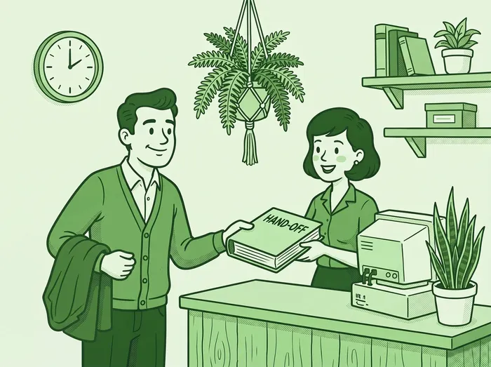 An owner hands a binder labeled Hand-off to a staff member at the front desk, then heads out.