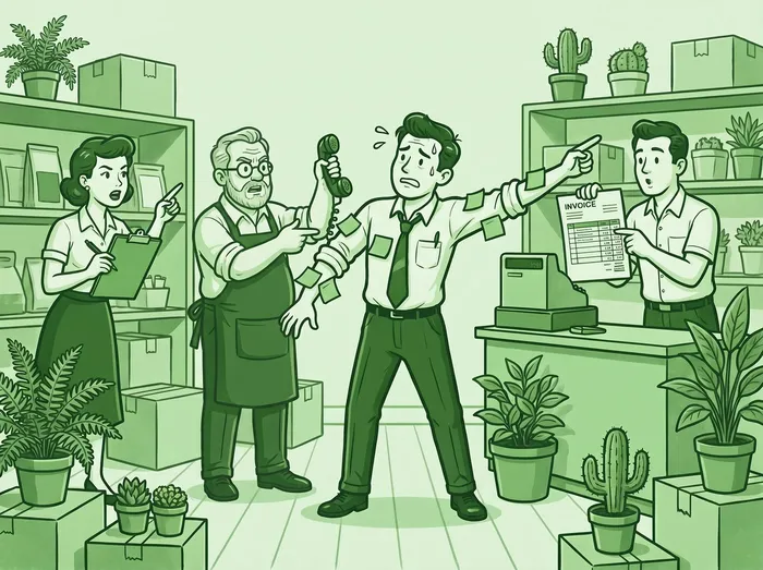 Three staff members bring questions to the owner at once: a phone call, a clipboard and an invoice.