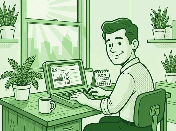 On a Monday, an owner opens a laptop and finds an email with a chart and a checklist.