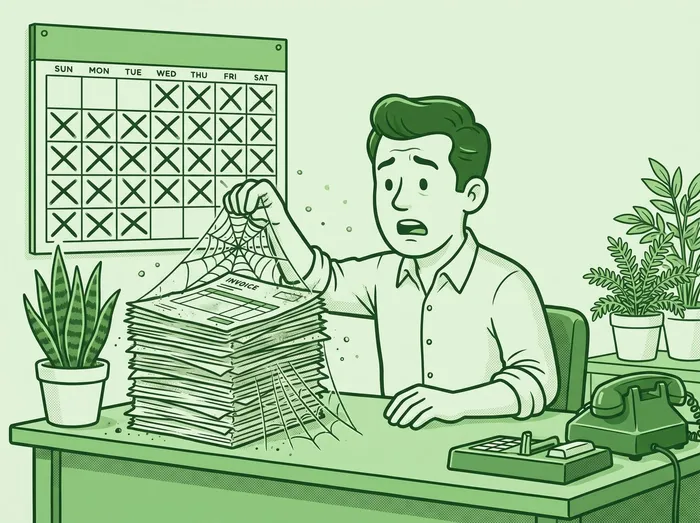 At month end, an owner lifts a dusty stack of invoices found weeks too late.
