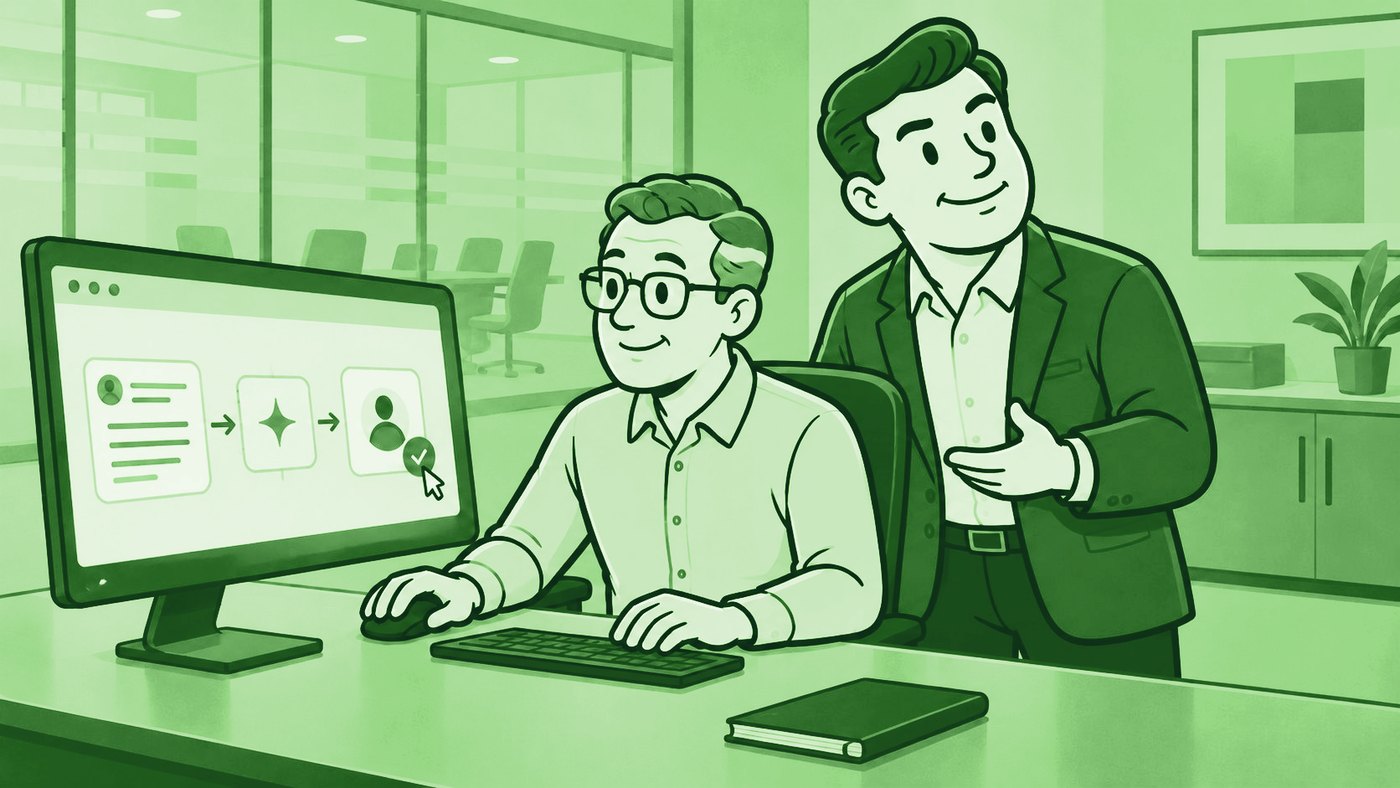 Illustration of a coach guiding a team member at a computer