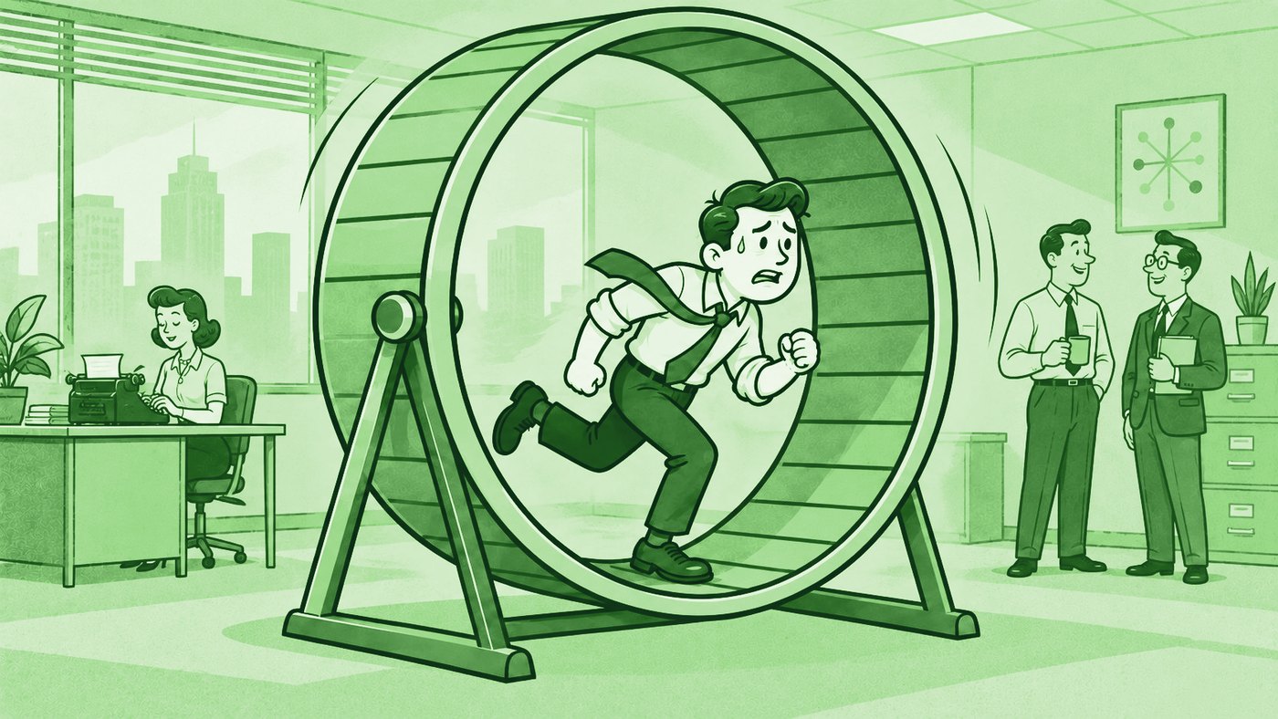 Illustration of an office worker running in a hamster wheel while colleagues watch