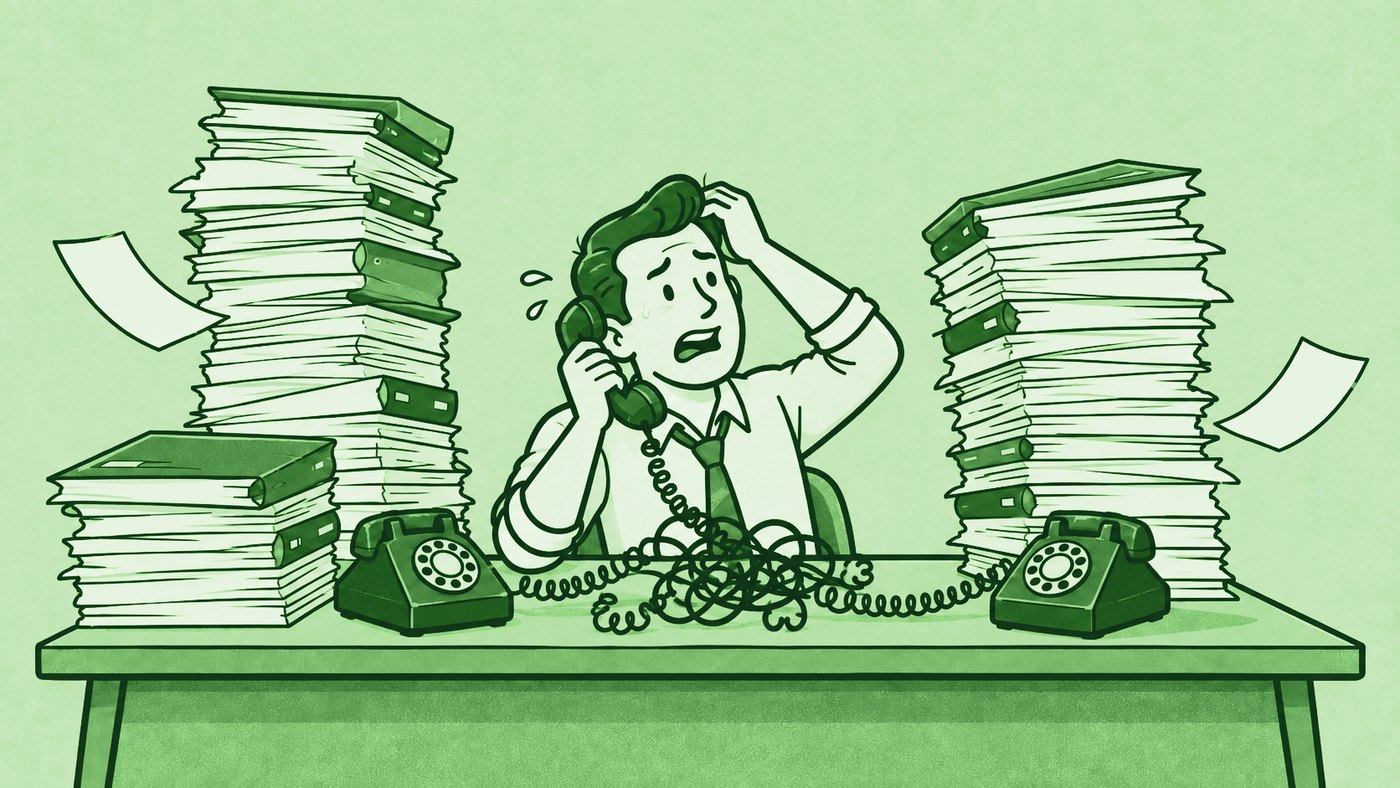 Illustration of an owner buried in paperwork and ringing phones