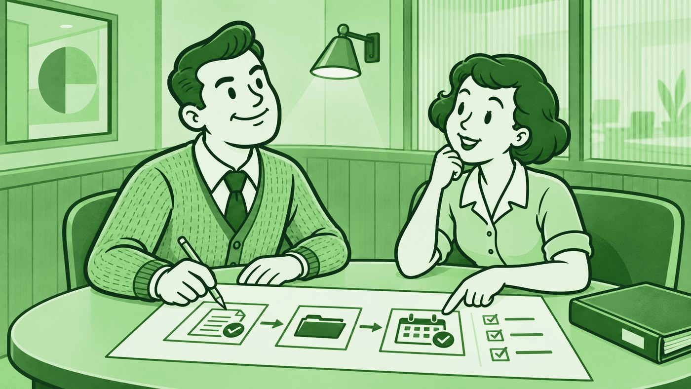 Illustration of two people mapping a workflow on a table